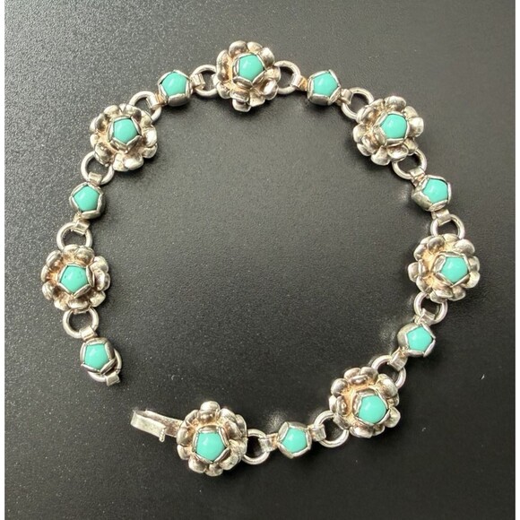 VINTAGE 50s TAXCO MEXICO STERLING SILVER TURQUOISE BLOSSOM FLOWER BRACELET 6.5” - Picture 4 of 16